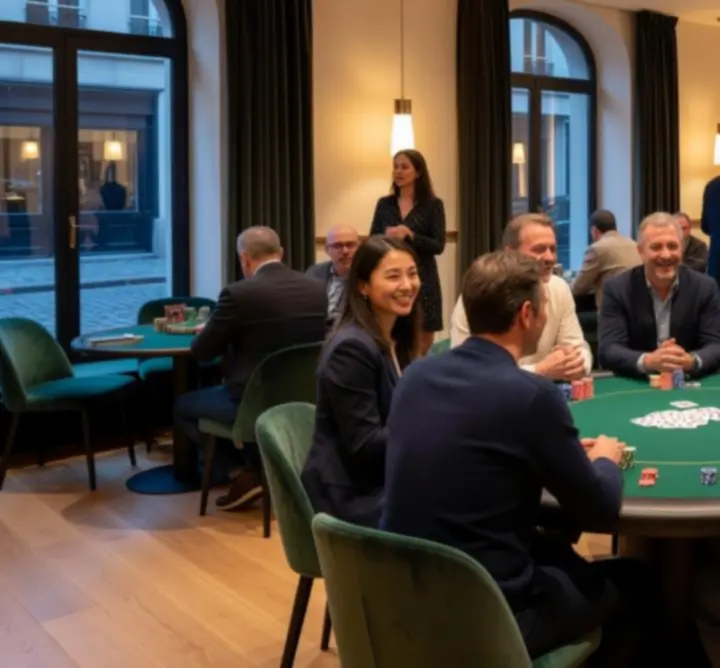 Groupe réuni autour d'une table de poker lors d'un événement social en France