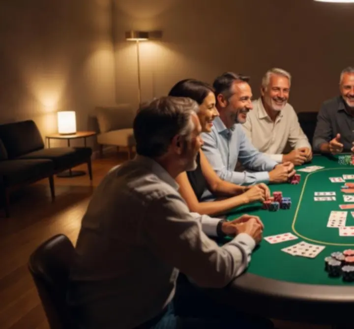 Table de poker live lors d'une soirée événementielle en France, joueurs concentrés et ambiance conviviale.